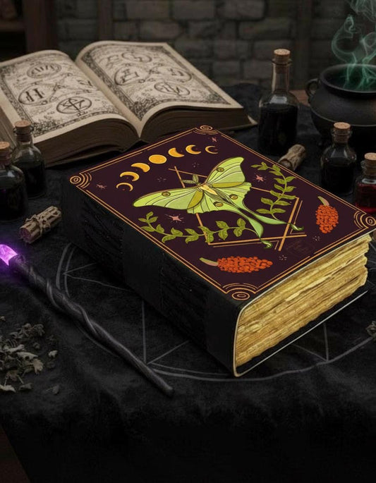 400 Page Vintage Leather Moth Journal with Moon Phases – Celestial Grimoire Notebook with Deckle Edge Paper, Witchy Décor Diary, Gothic Gift