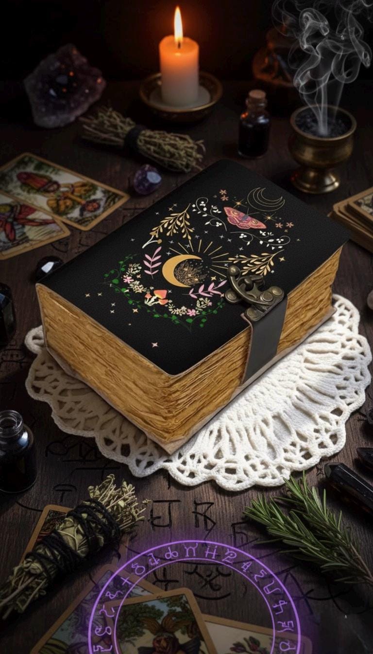 Floral Luna Moth Journal – Celestial Leather Grimoire | Handmade Book of Shadows | Witchy Mushroom Journal | Moon Phase Spell Diary