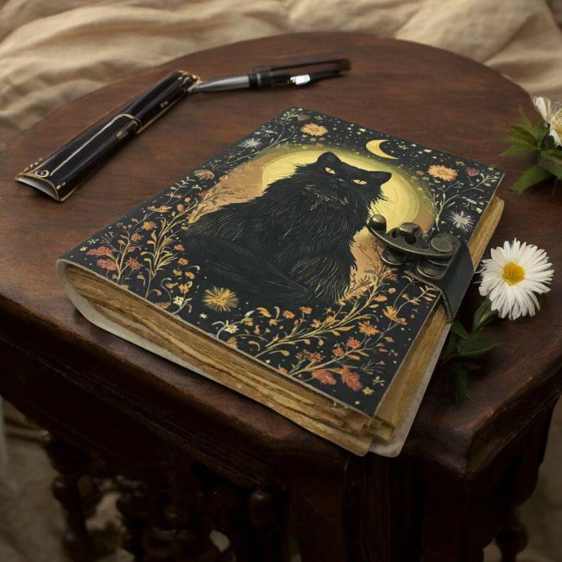 Leather Spell Book of Shadows: Cat Journal Celestial Cat Spellbook