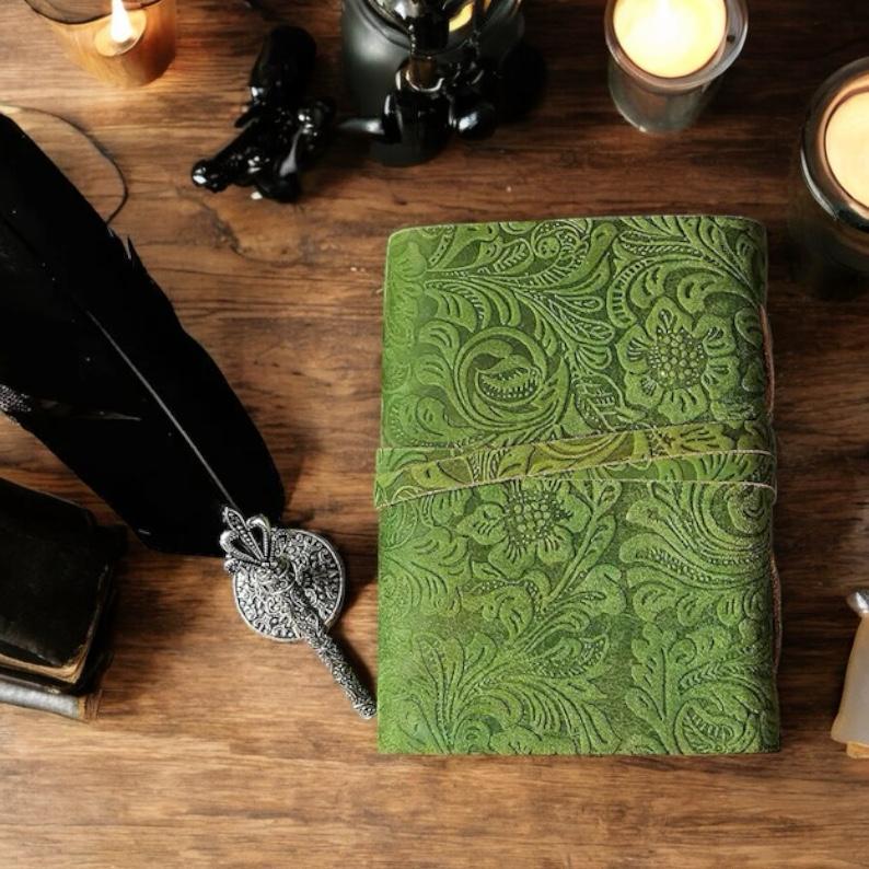 Green Floral Leather Journal: Handmade Book of Shadows, Sketchbook