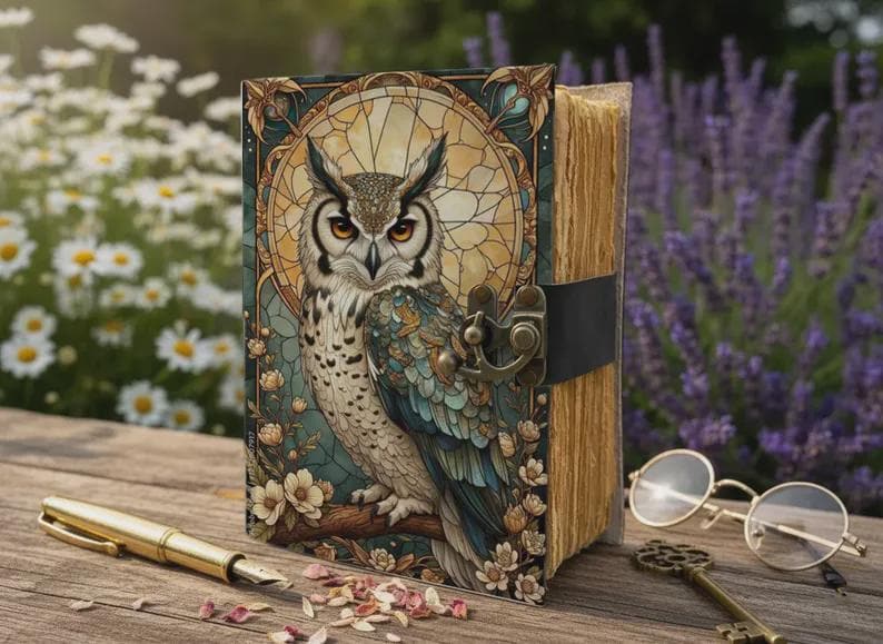 400 Page Owl Grimoire Journal – Blank Book of Shadows | Leather Spell Book of Wisdom | Handmade Witchy Sketchbook Owl Magic Tarot Notebook