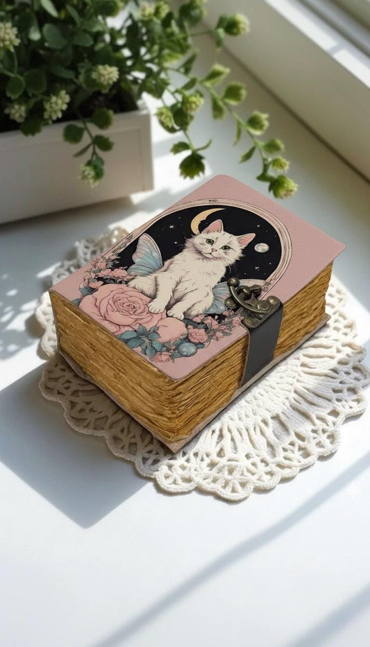 Cat Grimoire Journal – Blank Book of Shadows | Leather Spell Book of Wisdom | Handmade Witchy Sketchbook Moon Magic Tarot Notebook