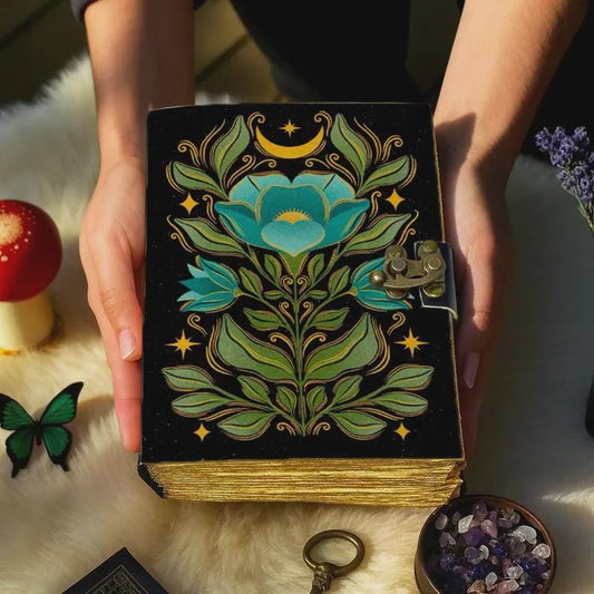 Handmade Leather Journal with Flower Design Starry Inspired Notebook Vintage Writing Diary with Deckle Edge Paper Boho Artistic Gift