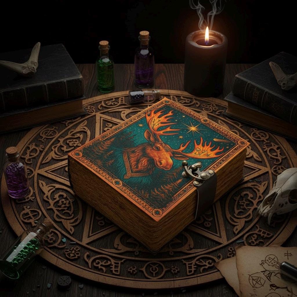 Moose/Deer Grimoire Vintage leather journal, Deer Leather Journal, Blank spell book of shadows Halloween Gifts For Him Her