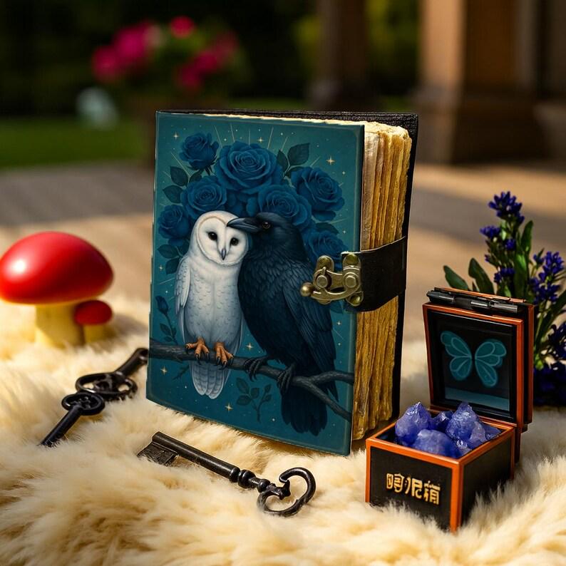 Raven & Owl Grimoire Vintage leather journal, Raven Leather Journal, Blank spell book of shadows Halloween Gifts For Him Her