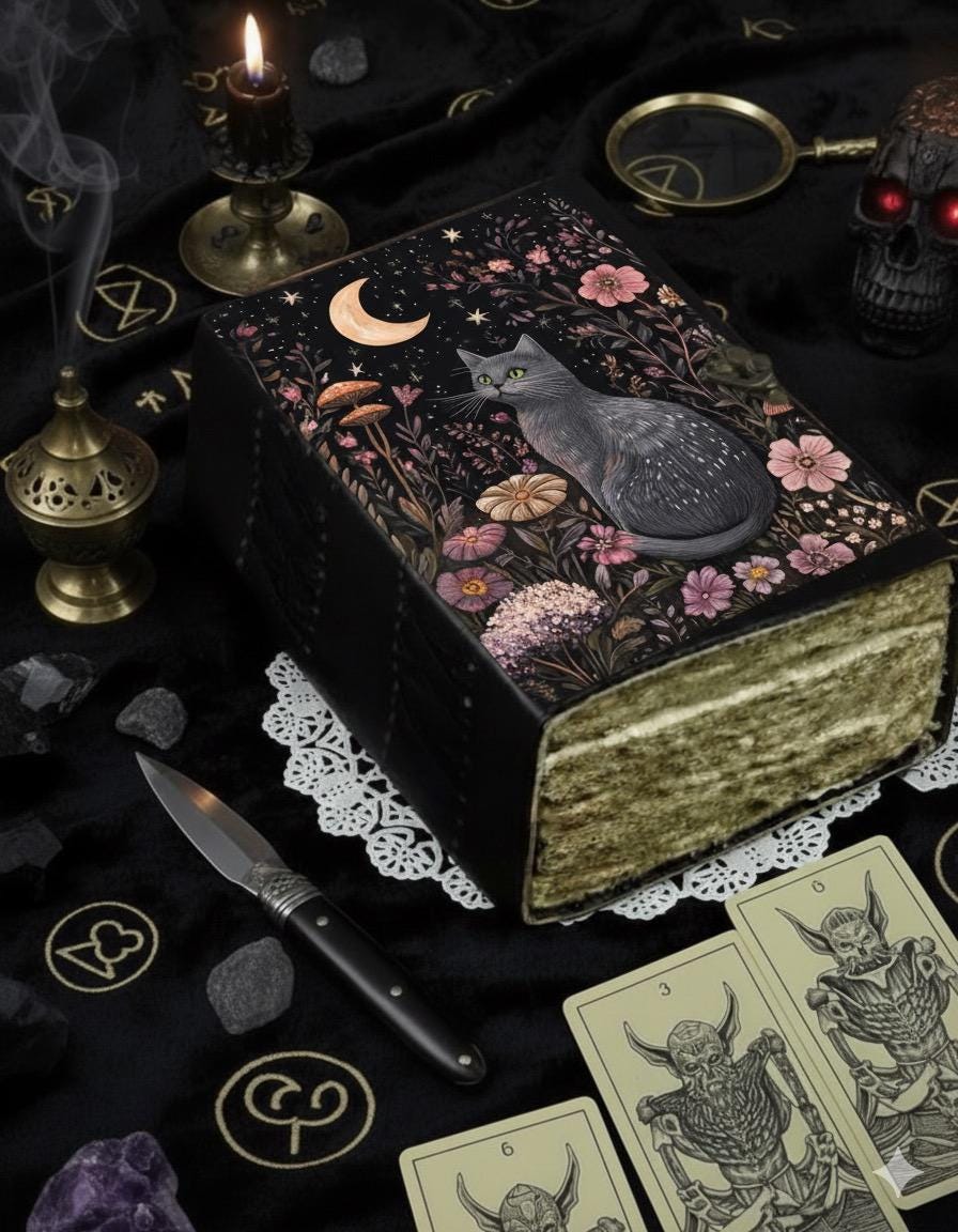 Leather Grimoire Journal: Cat With Moon Print Book of Shadows Magic Leather Journal, Spell book Magic Cat  Journal Gifts for Women