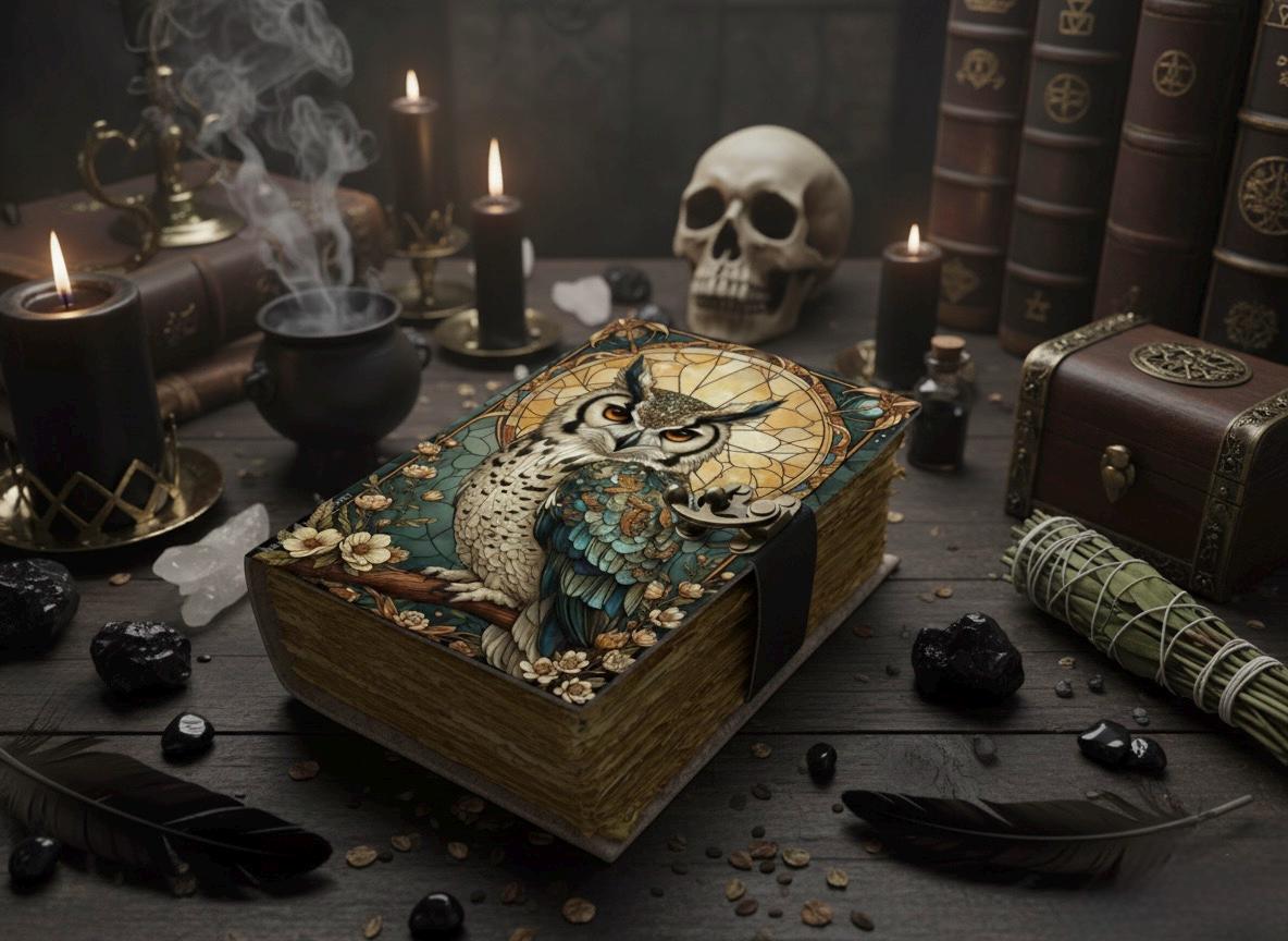 400 Page Owl Grimoire Journal – Blank Book of Shadows | Leather Spell Book of Wisdom | Handmade Witchy Sketchbook Owl Magic Tarot Notebook