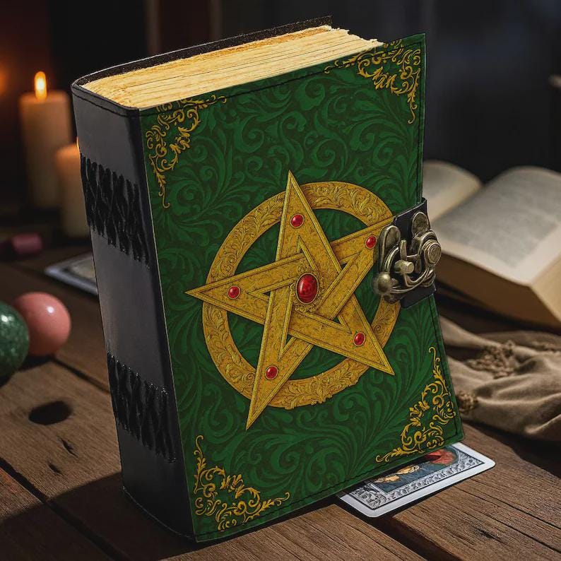 400 Page Large Handmade Black Leather Green Pentagram Journal: Wiccan Grimoire with Gemstone Book of Shadows Witchcraft Journal and Notebook