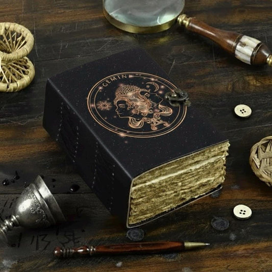 Gemini Grimoire Vintage leather journal, Zodiac Leather Journal, Blank spell book of shadows Birthday Gifts For Him Her