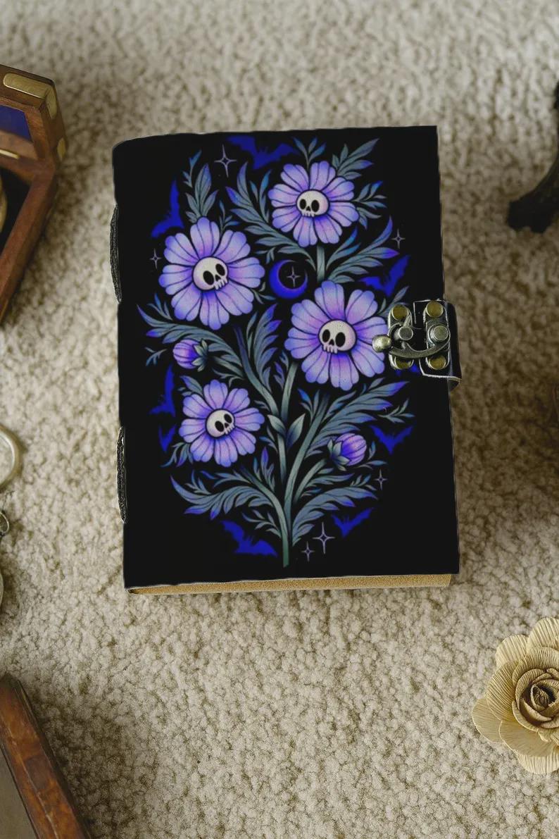Purple Skull Flower Leather Journal Handmade Gothic Grimoire Notebook Dark Floral Witchy Book of Shadows, Vintage Occult Writing Diary Gift