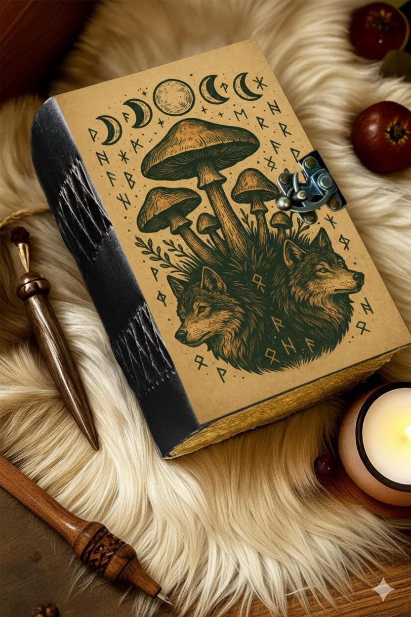 Mushroom Grimoire Leather Journal - Moon Phase Book of Shadows Notebook -  Blank Spell Book Fox Leather Journal Gifts for Women