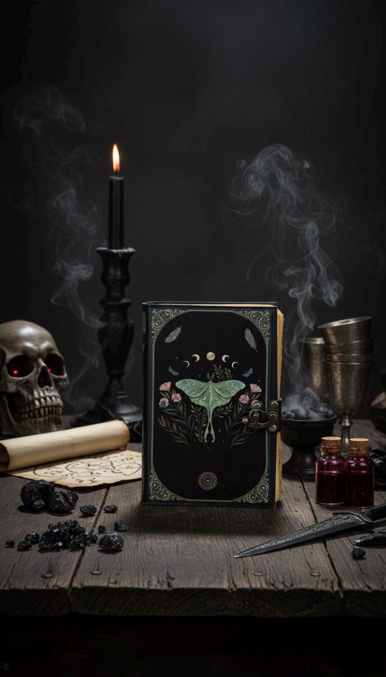 400 Page Luna Moth Grimoire – Handmade Spell Book with Lock | Personalized Wiccan Leather Journal with Deckle Pages | Witchy Gift