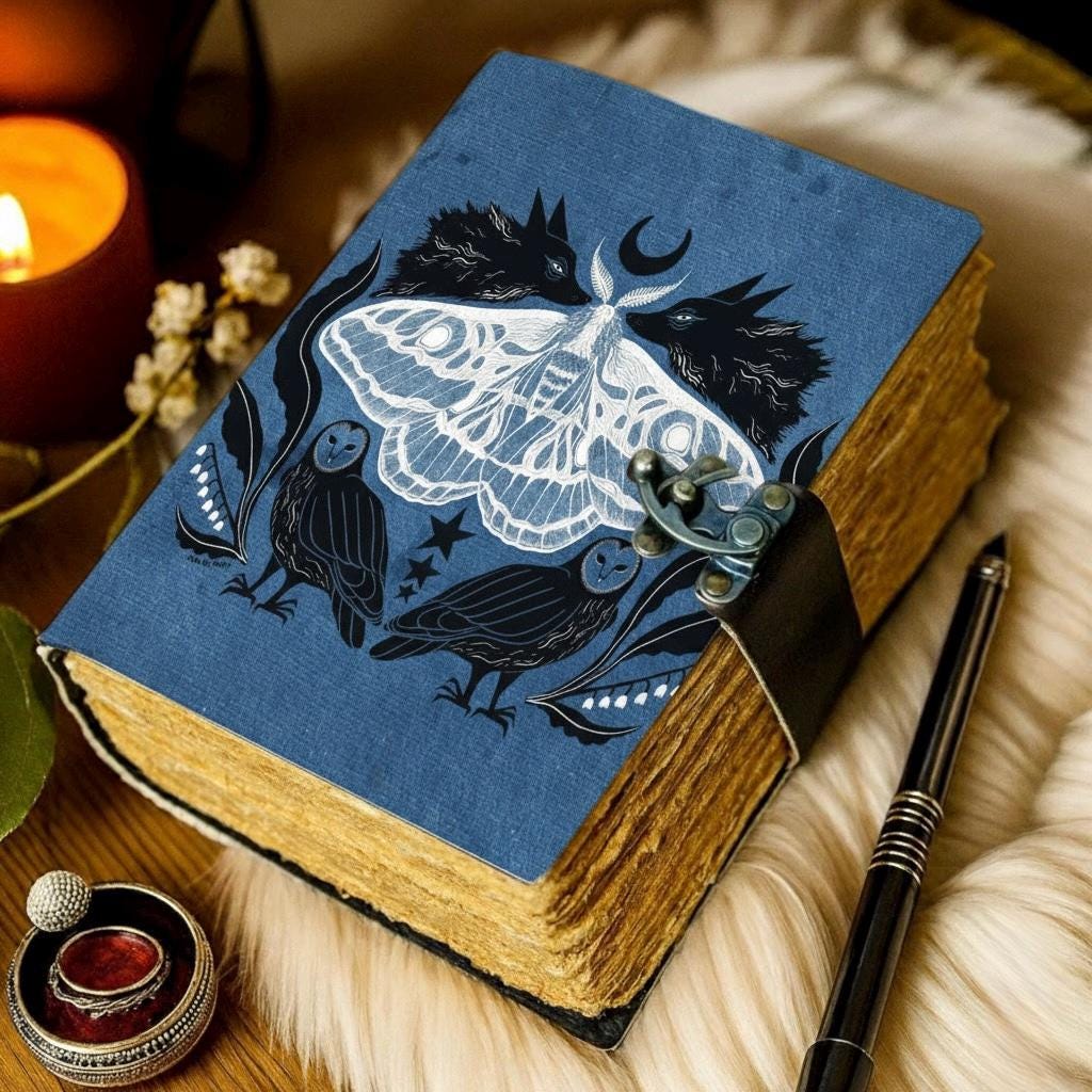 Luna Moth Grimoire Leather Journal - Owl Book of Shadows Notebook -Blank Spell Book Fox Handmade Sketchbook | Witchy Journal