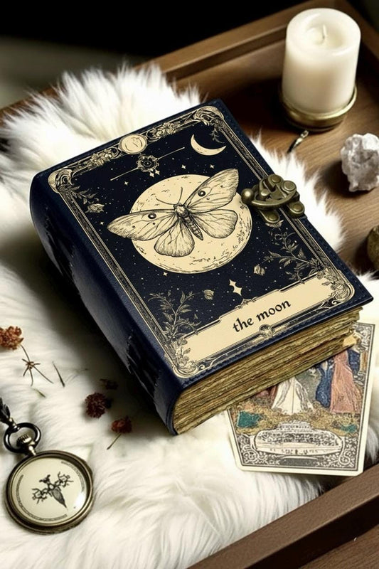 Grimoire Vintage leather journal, Moon Phase With Butterfly Handmade Fat Journal, spell book of shadows Celestial Gifts For Him Her