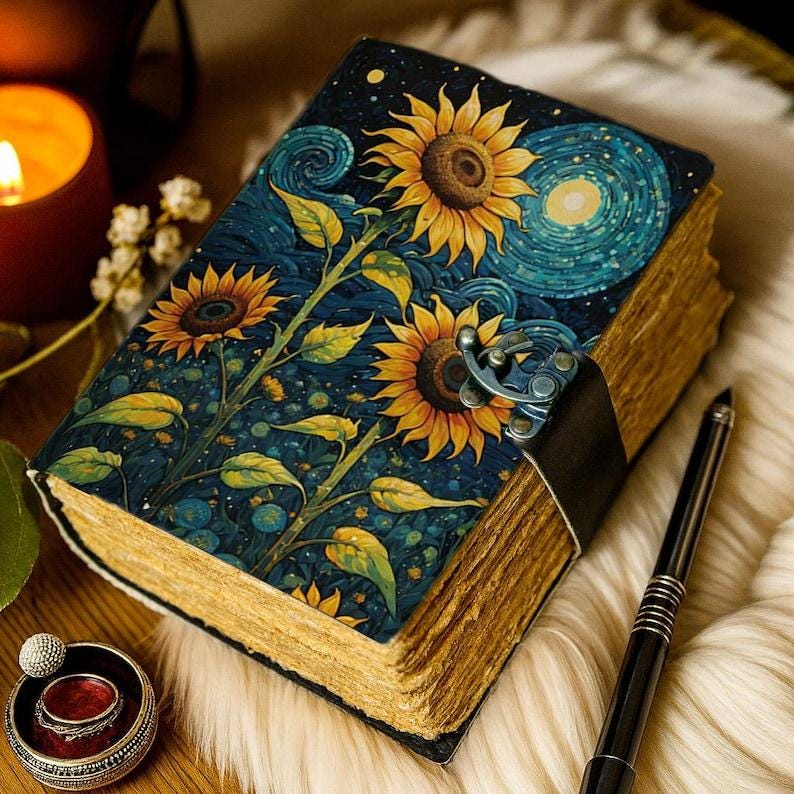 Handmade Leather Journal with Sunflower Design Starry Inspired Notebook Vintage Writing Diary with Deckle Edge Paper Boho Artistic Gift