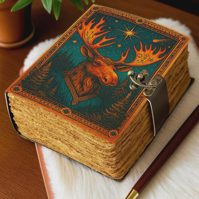 Moose/Deer Grimoire Vintage leather journal, Deer Leather Journal, Blank spell book of shadows Halloween Gifts For Him Her