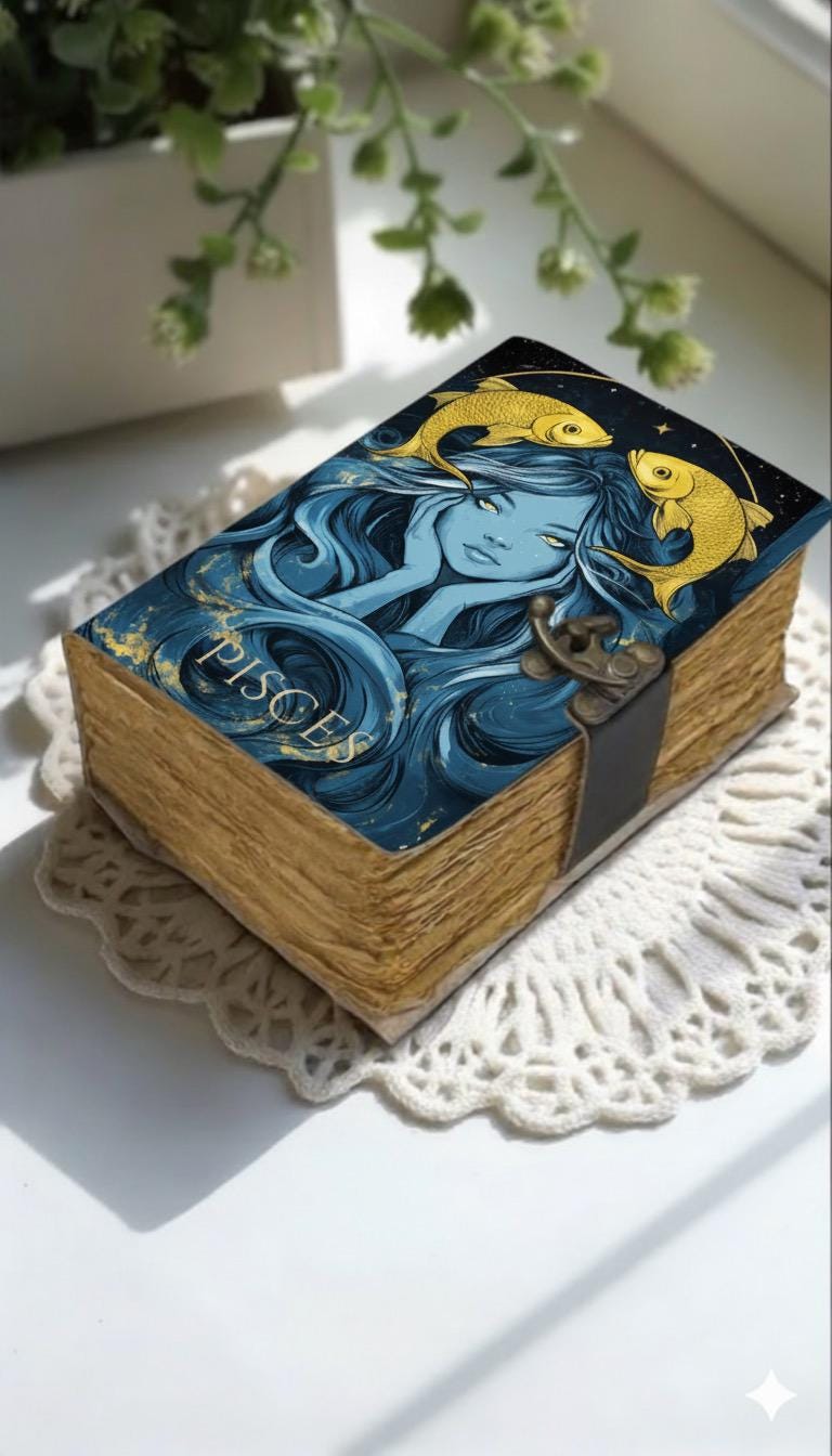 Pisces Grimoire Vintage leather journal, Zodiac Leather Journal, Blank spell book of shadows Birthday Gifts For Him Her
