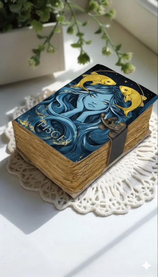 Pisces Grimoire Vintage leather journal, Zodiac Leather Journal, Blank spell book of shadows Birthday Gifts For Him Her