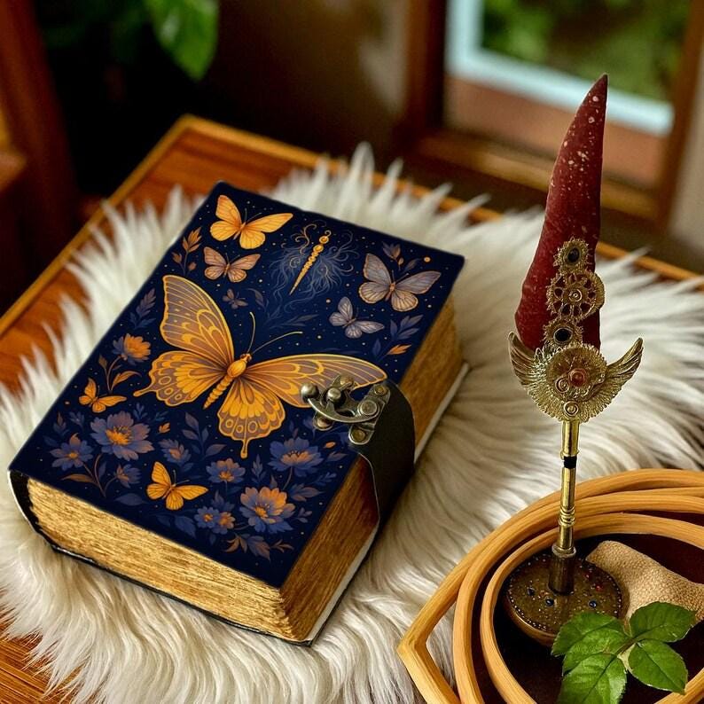 Luna Moth Grimoire – Handmade Spell Book with Lock | Personalized Wiccan Leather Journal with Deckle Pages | Witchy Gift