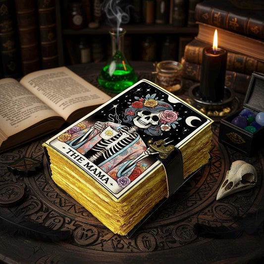 Gothic Skeleton Tarot Journal – The Mama Grimoire Notebook with Lock | Witchy Leather Sketchbook, Occult Gift, Gothic Stationery