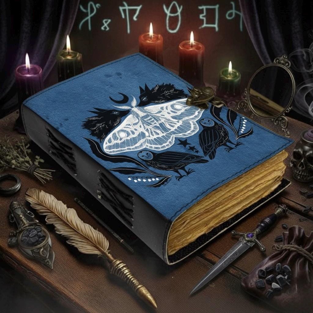 Luna Moth Grimoire Leather Journal - Owl Book of Shadows Notebook -Blank Spell Book Fox Handmade Sketchbook | Witchy Journal