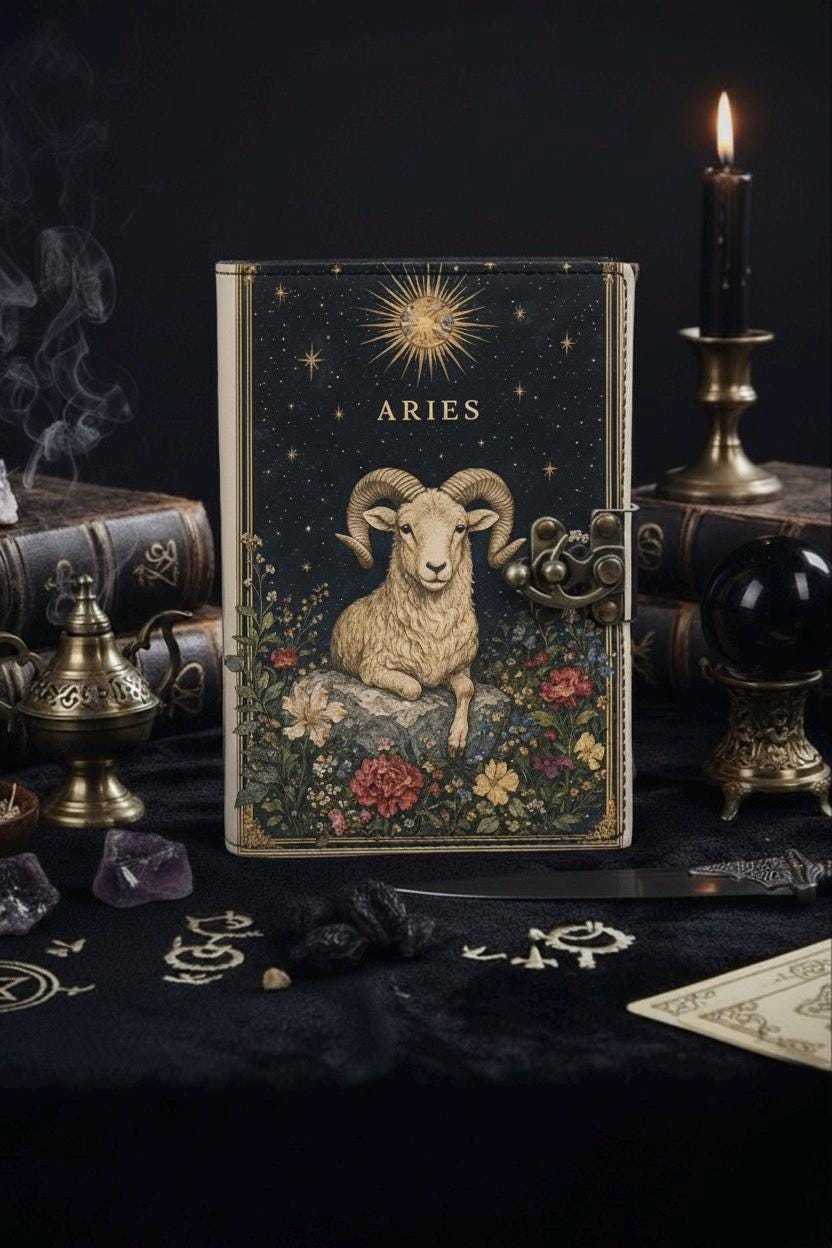 Aries Grimoire Vintage leather journal, Zodiac Leather Journal, Blank spell book of shadows Birthday Gifts For Him Her