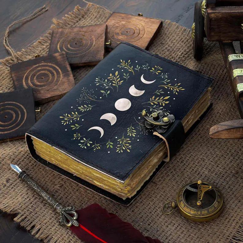 Moon Phase Leather Journal: Handmade Grimoire, Book of Shadows