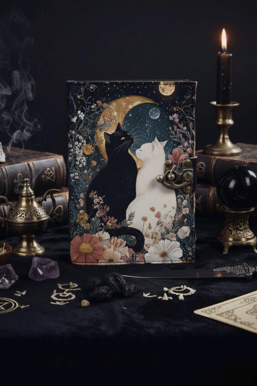 Grimoire leather journal, Print Cat Journal, Blank spell book book of shadows Leather Celestial Gifts For Him Her