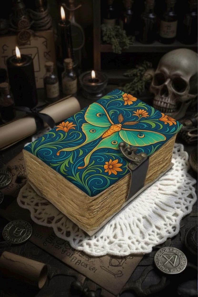 Luna Moth Grimoire – Handmade Luna Spell Book of Shadows Personalized Wiccan Leather Journal with Deckle Pages | Witchy Gift
