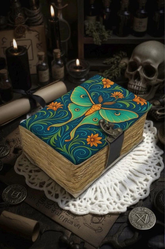 Luna Moth Grimoire – Handmade Luna Spell Book of Shadows Personalized Wiccan Leather Journal with Deckle Pages | Witchy Gift