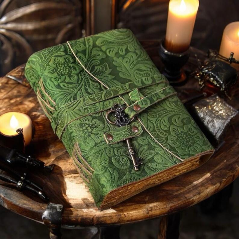 Green Floral Leather Journal: Handmade Book of Shadows, Sketchbook