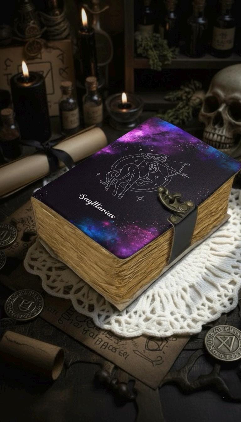 Sagittarius Grimoire Vintage leather journal, Zodiac Leather Journal, Blank spell book of shadows Birthday Gifts For Him Her