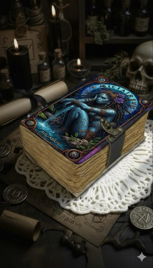 Aquarius Grimoire Vintage leather journal, Zodiac Leather Journal, Blank spell book of shadows Birthday Gifts For Him Her
