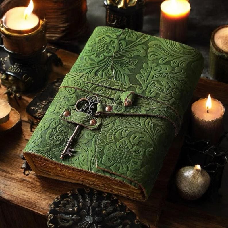 Green Floral Leather Journal: Handmade Book of Shadows, Sketchbook