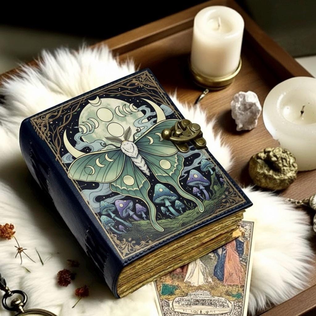 Luna Moth Leather Journal Gothic Grimoire Book of Shadows Vintage Luna Mushroom Spell book Witchcraft Journal Moon Phase gifts for Christmas