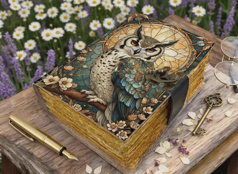 400 Page Owl Grimoire Journal – Blank Book of Shadows | Leather Spell Book of Wisdom | Handmade Witchy Sketchbook Owl Magic Tarot Notebook