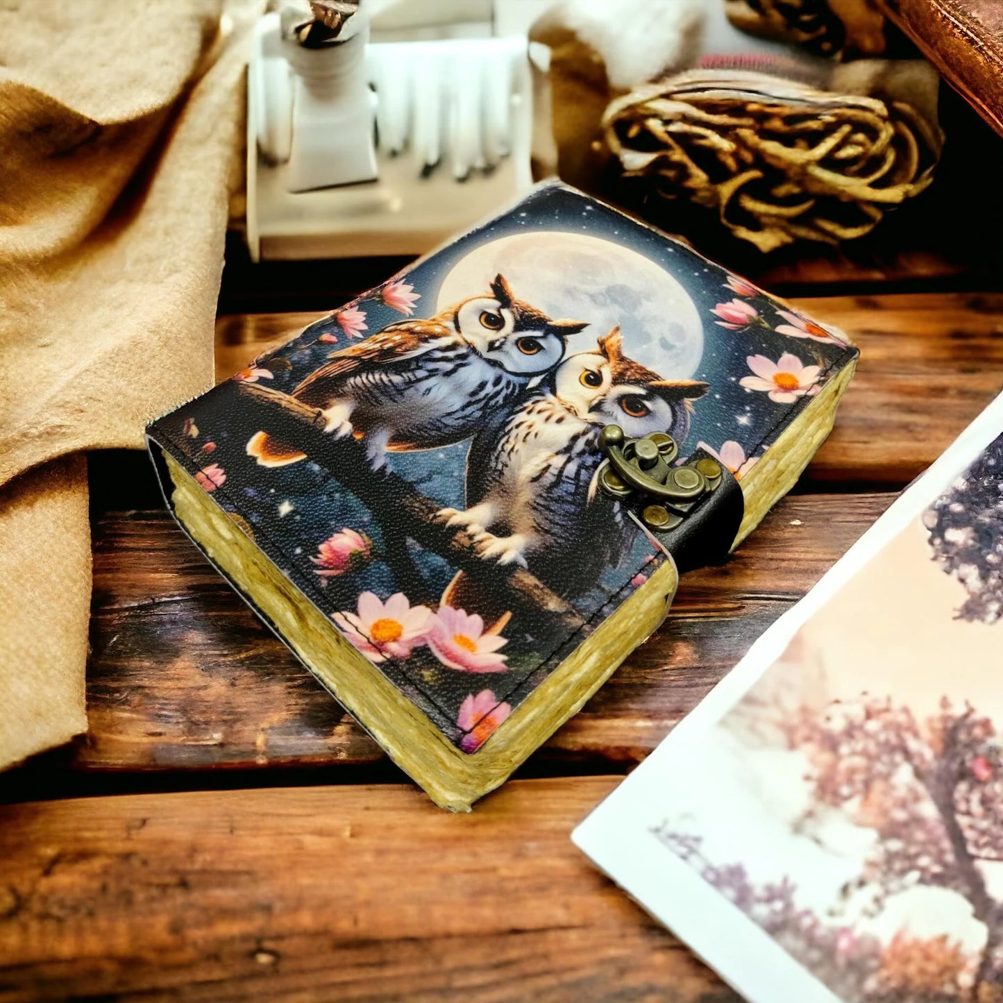 Owl Leather Journal: Handmade Vintage Book of Shadows with Deckle Edge Paper Grimoire Journal, Travel Writing Notebook