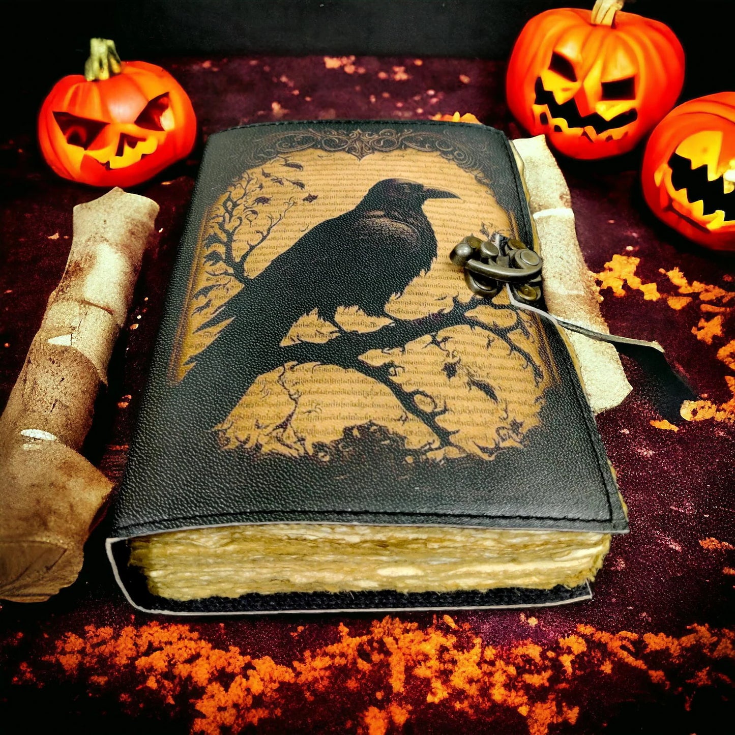Raven Handmade Leather Journal: Vintage Spell Book, Deckle Edge Paper Witchcraft Spellbook, Wiccan Pagan Gothic Diary, Gift for Her
