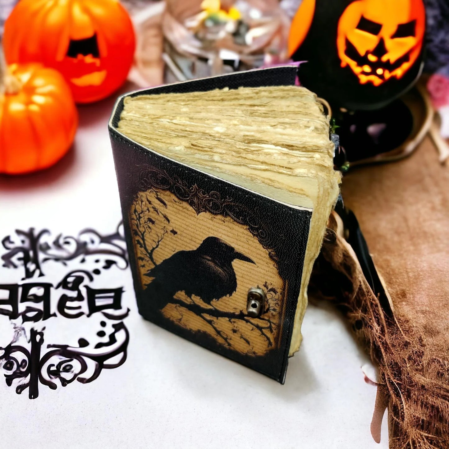 Raven Handmade Leather Journal: Vintage Spell Book, Deckle Edge Paper Witchcraft Spellbook, Wiccan Pagan Gothic Diary, Gift for Her