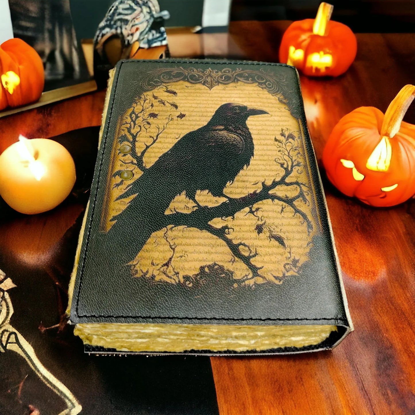 Raven Handmade Leather Journal: Vintage Spell Book, Deckle Edge Paper Witchcraft Spellbook, Wiccan Pagan Gothic Diary, Gift for Her