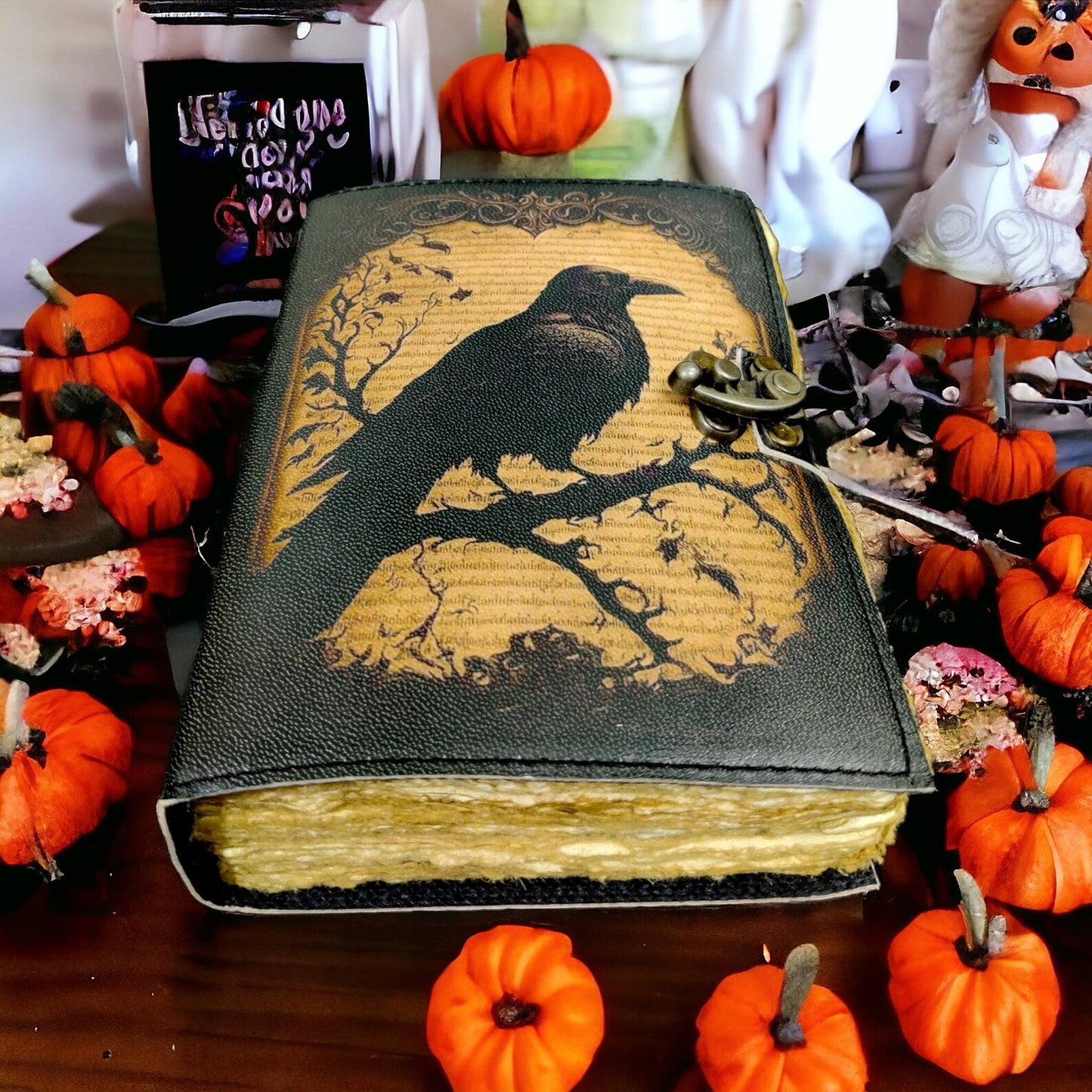 Raven Handmade Leather Journal: Vintage Spell Book, Deckle Edge Paper Witchcraft Spellbook, Wiccan Pagan Gothic Diary, Gift for Her