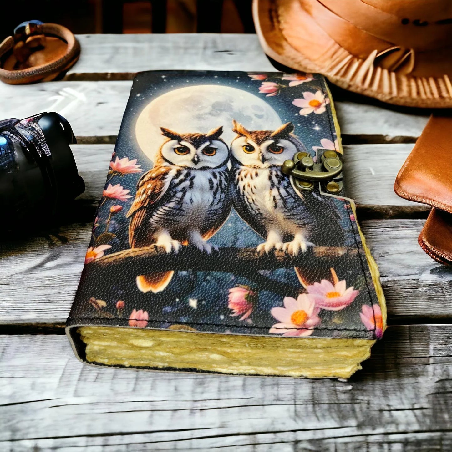 Owl Leather Journal: Handmade Vintage Book of Shadows with Deckle Edge Paper Grimoire Journal, Travel Writing Notebook