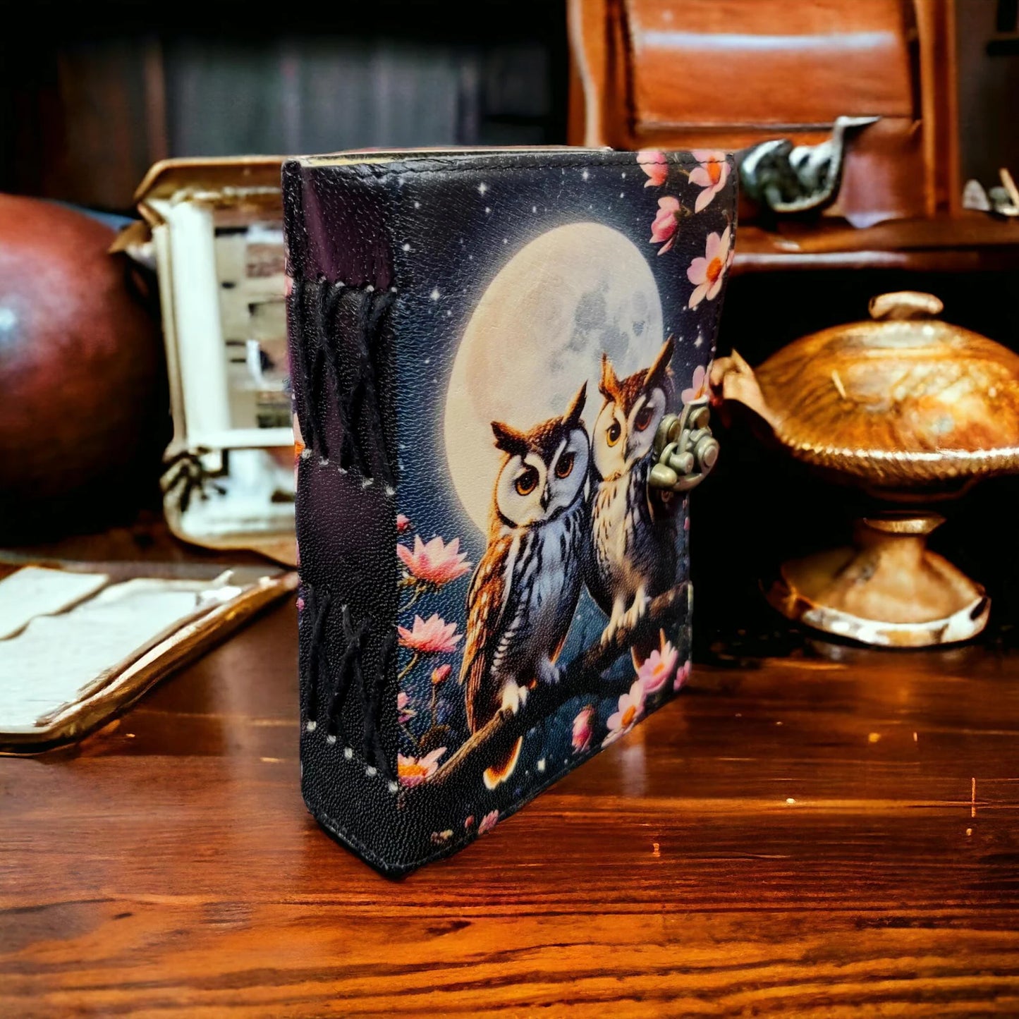 Owl Leather Journal: Handmade Vintage Book of Shadows with Deckle Edge Paper Grimoire Journal, Travel Writing Notebook