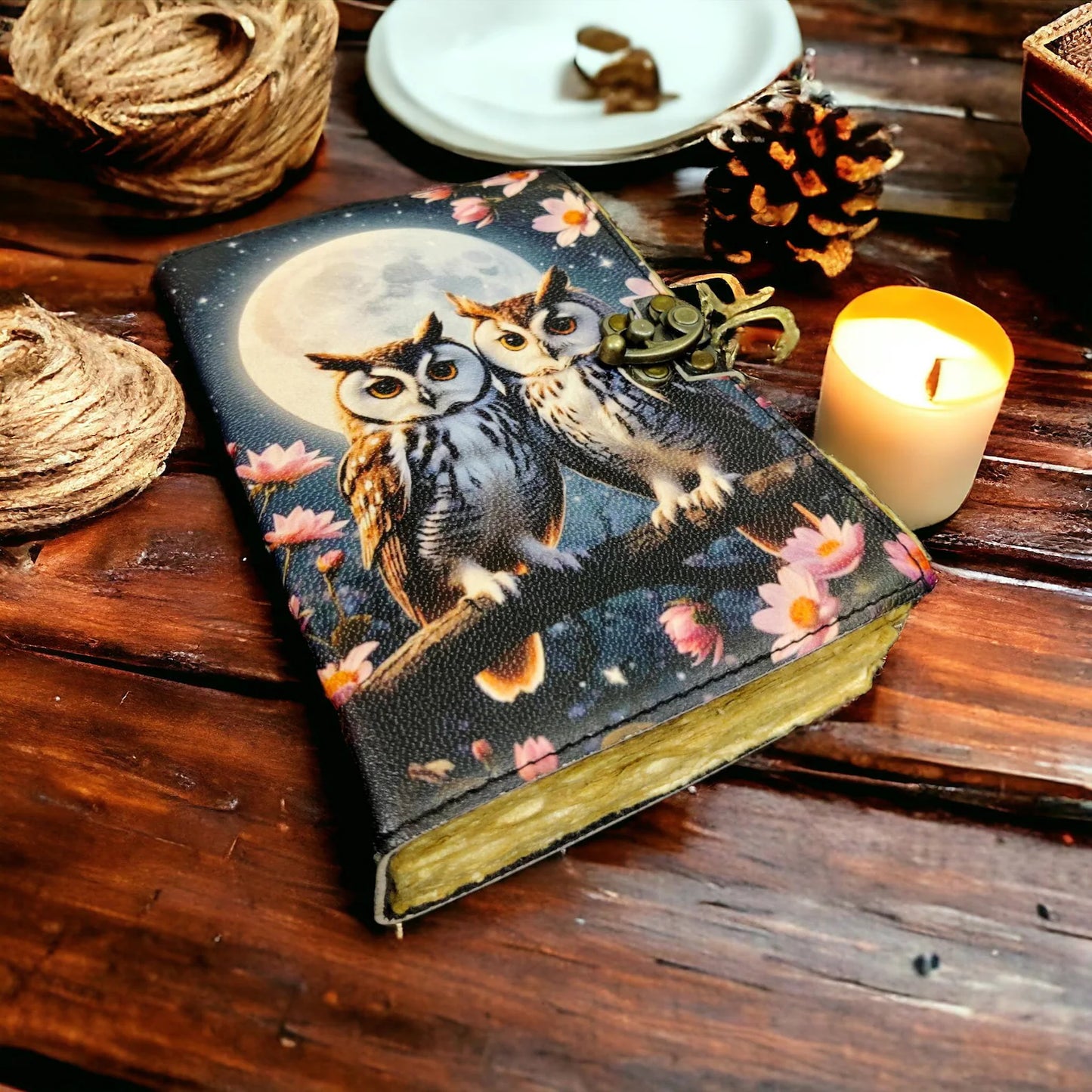 Owl Leather Journal: Handmade Vintage Book of Shadows with Deckle Edge Paper Grimoire Journal, Travel Writing Notebook