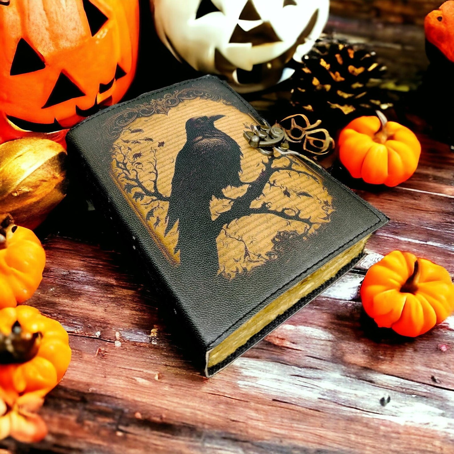 Raven Handmade Leather Journal: Vintage Spell Book, Deckle Edge Paper Witchcraft Spellbook, Wiccan Pagan Gothic Diary, Gift for Her