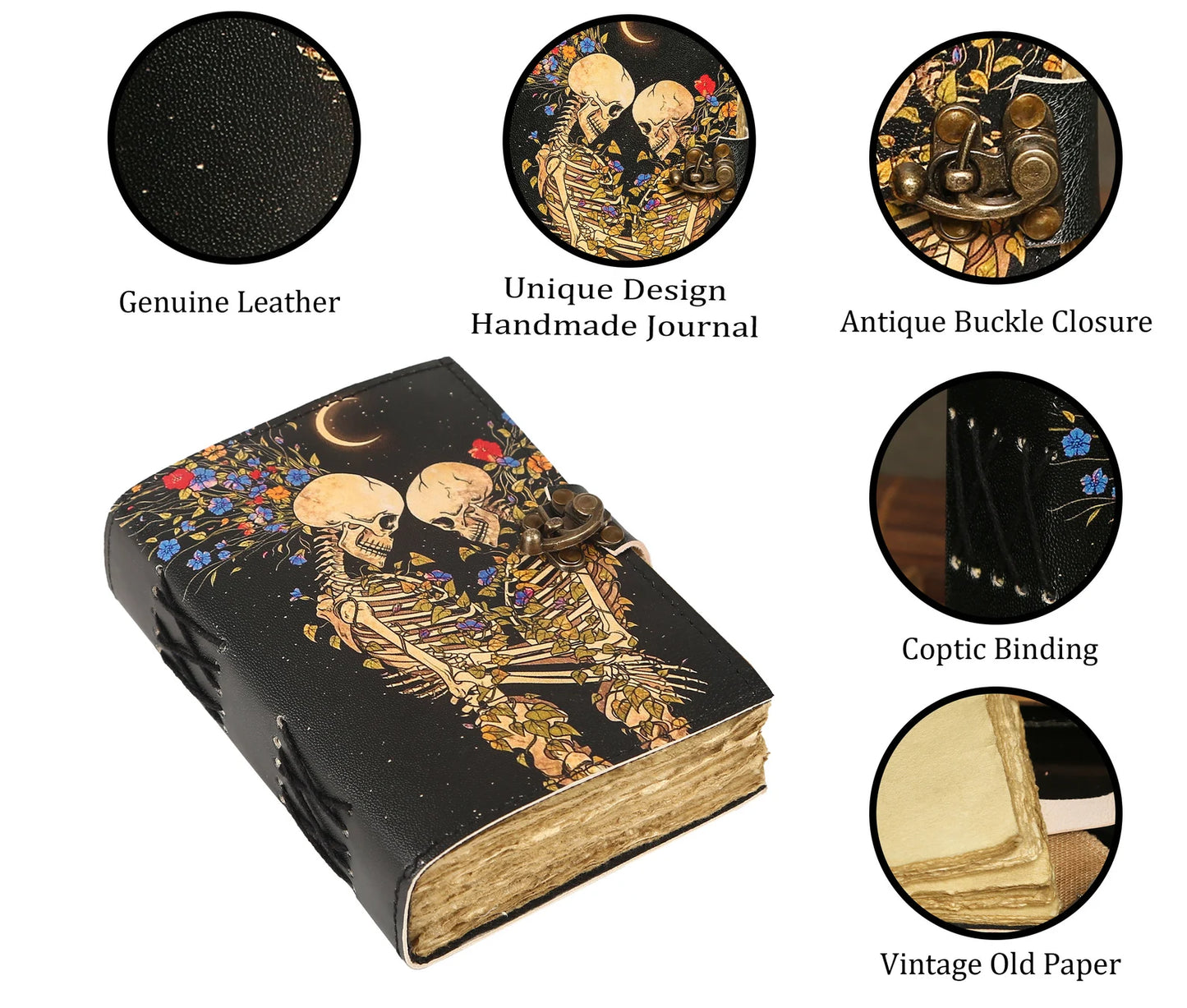 Book of Shadows Lovers Journal with Lock Clasp Vintage Handmade Leather Book of Spells The skull Lovers Tarot Print Diary Prayer Pagan