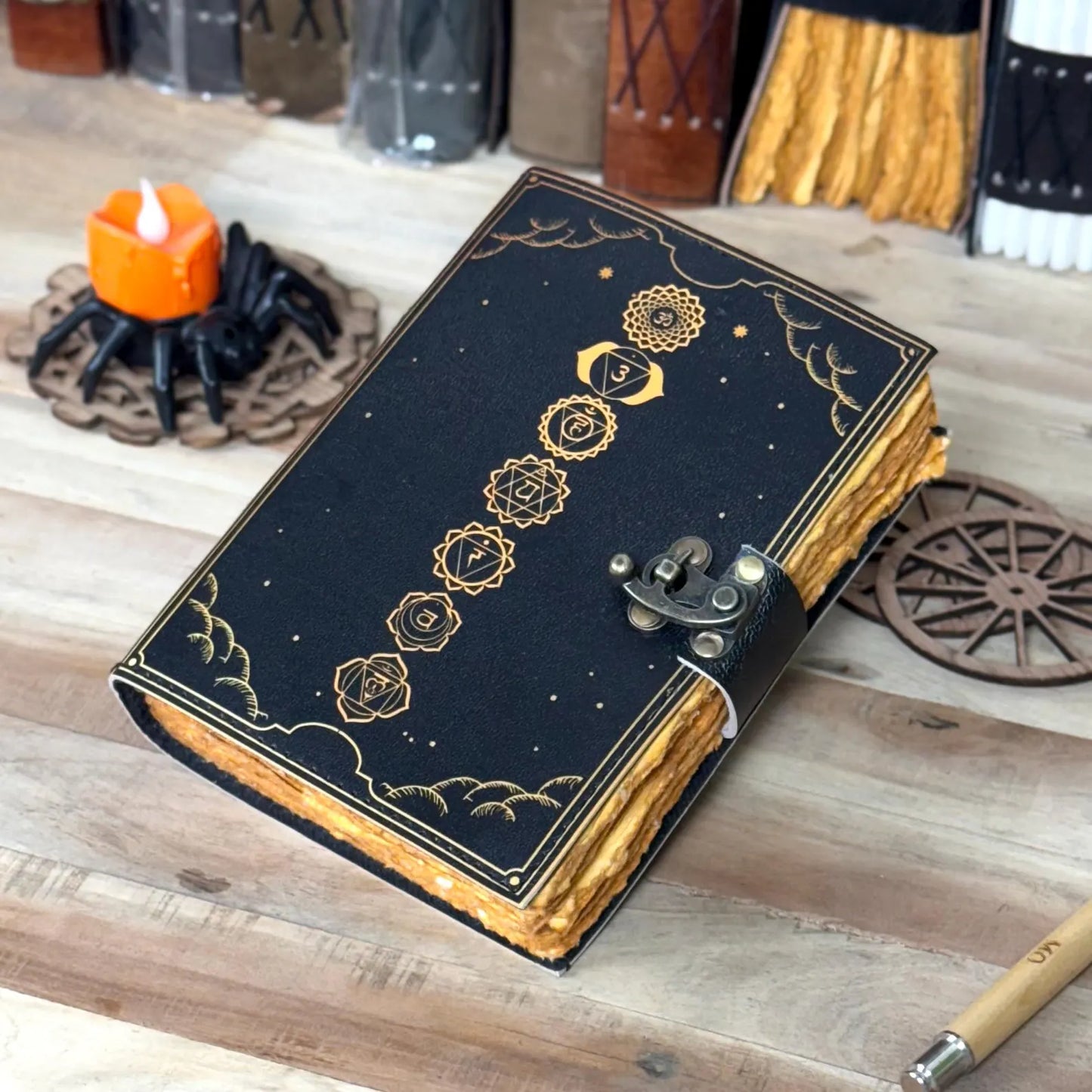 Seven Chakra Symbols Leather Grimoire Journal