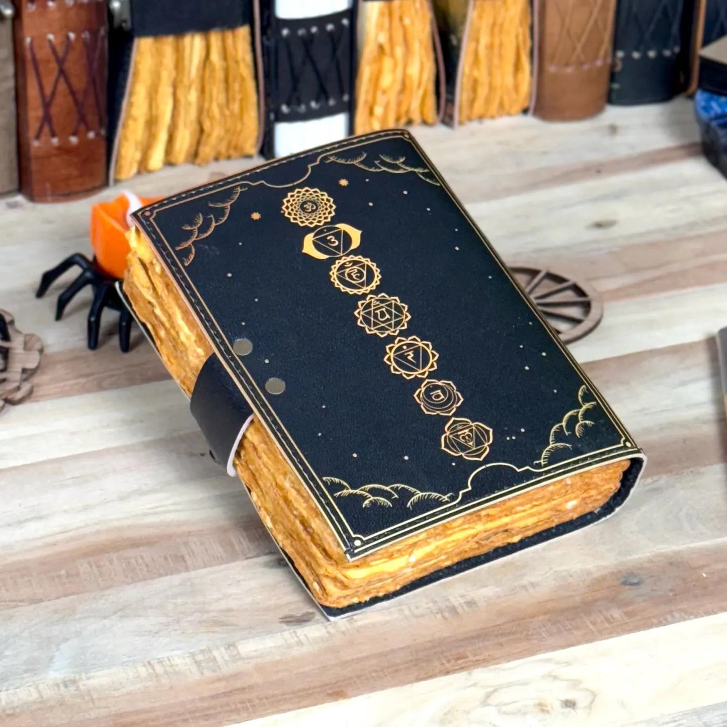 Seven Chakra Symbols Leather Grimoire Journal