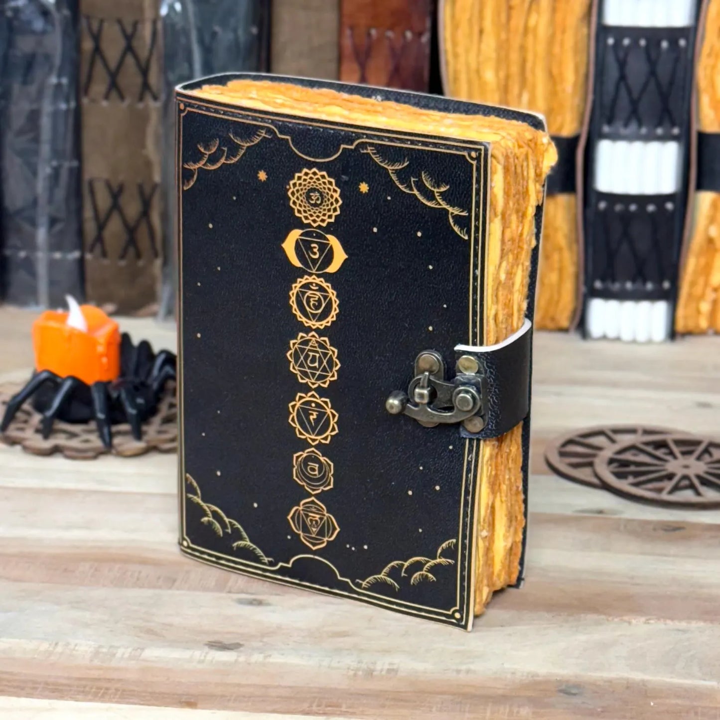 Seven Chakra Symbols Leather Grimoire Journal