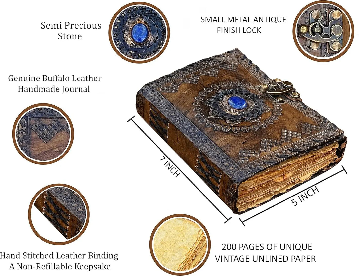 Handmade Leather embossed Journal with stone